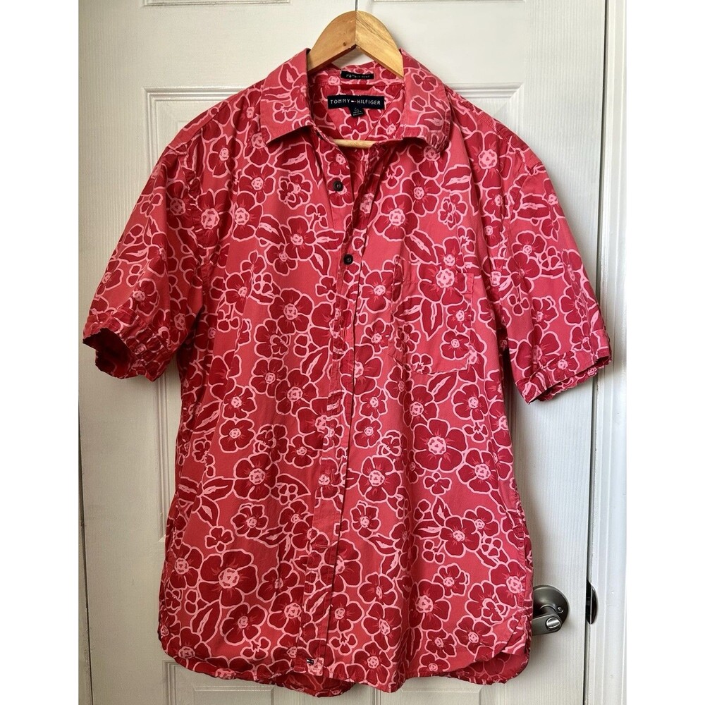 Floral Batik Red Pink Tommy Hilfiger Short Sleeve Button-Up Shirt Mens L - Picture 8 of 10